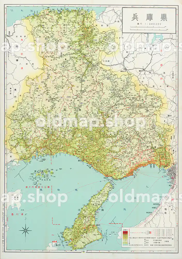 兵庫県 昭和35年(1960) – 新日本分県地図 – 兵庫県– 古地図素材データのダウンロード販売-oldmap.shop